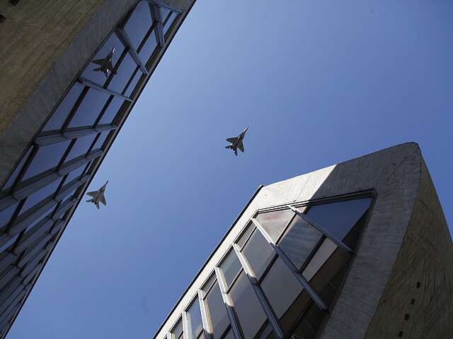 Fighter Jets above the Museum of the Slovak National Uprising in a military airshow at the 70th anniversary of the uprising 2014